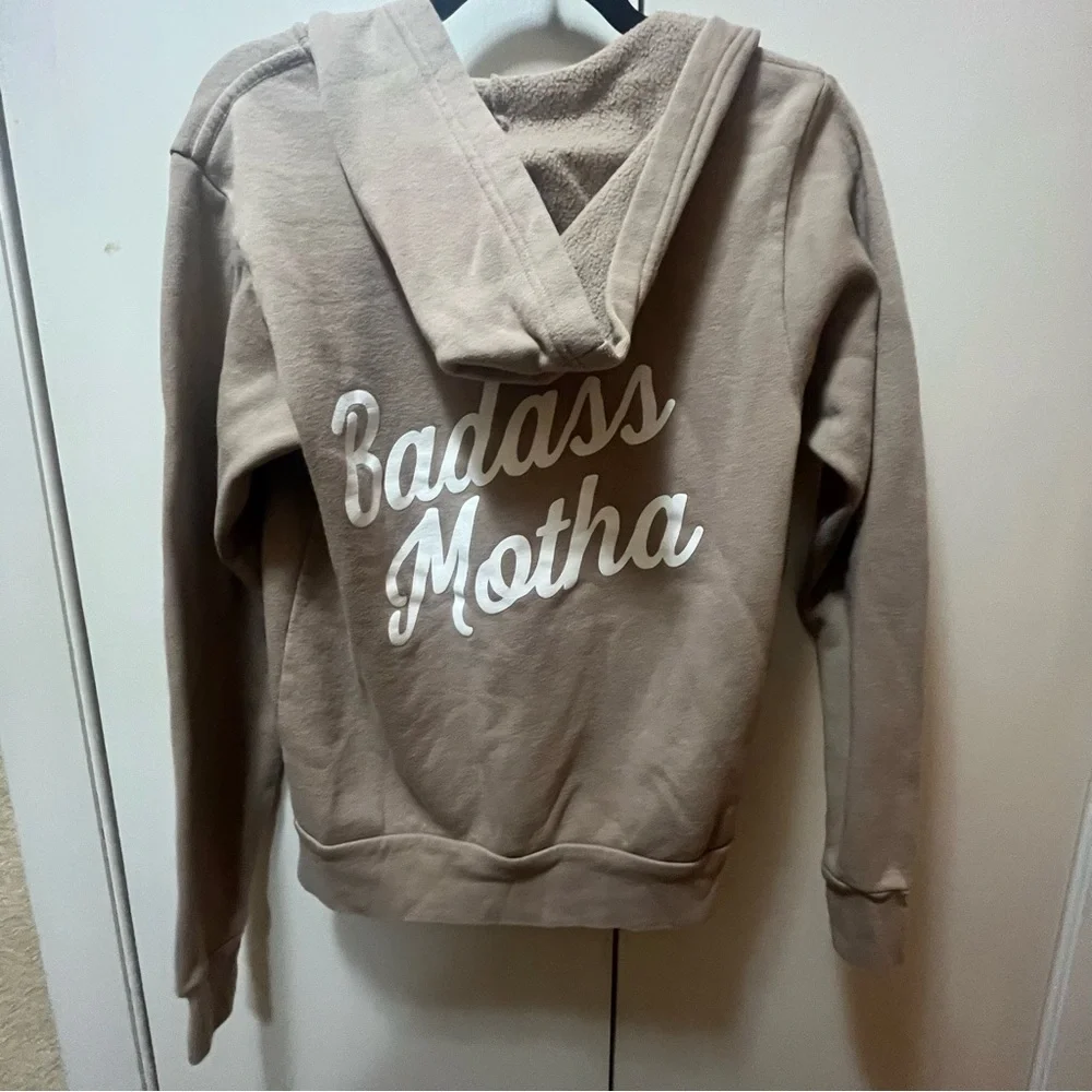 Tan and White Zip-Up ‘Badass Motha’ Hoodie Jacket
